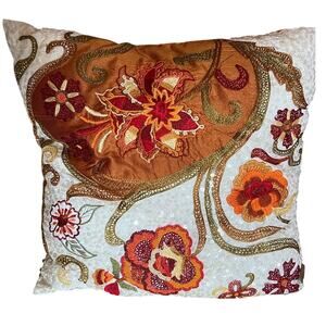 Pier 1 Leaves Botanic Print Applique Pillow Removable Cover Orange Gold Red Fall